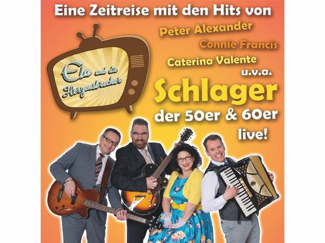 Das Bild zeigt eine Gruppe von Musikern, die auf einem Event mit dem Titel "Ela und die Herzensbrecher" auftreten.