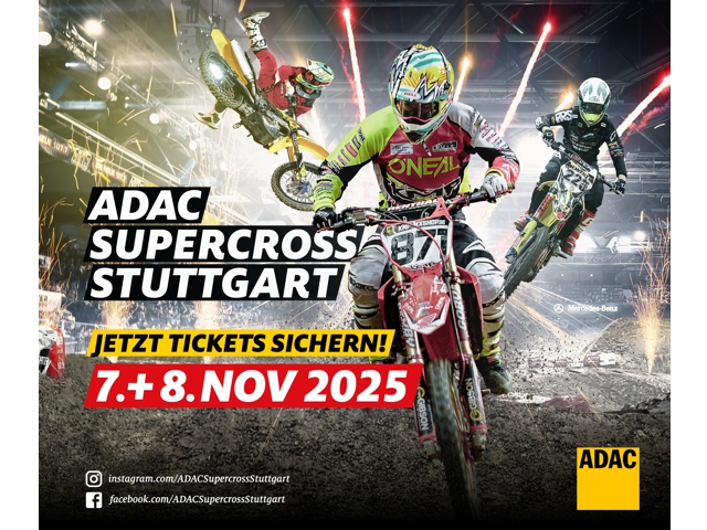 Das Plakat wirbt für Eintrittskarten zu einem ADAC Supercross-Event in Stuttgart im Jahr 2025.