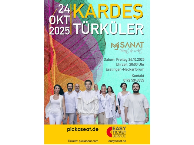 Eine bunte Werbung für ein Musikkonzert mit Pappfiguren von Menschen in weißen Outfits und mit Gitarren, vor einem Hintergrund voller leuchtender Farben.