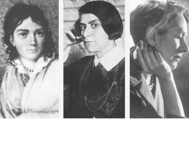Eine Collage Schwarz und Weiß mit Porträts von drei verschiedenen Frauen, die jeweils anders gekleidet sind, vertikal angeordnet.