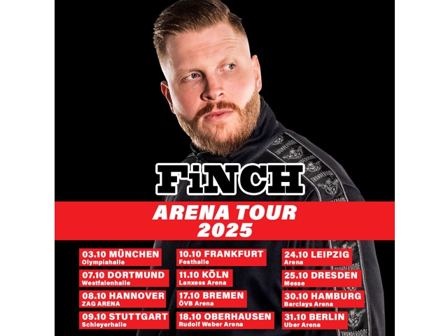 Mann mit Bart und Schnurrbart auf Bild, der Arena-Tournee für die Band "FINCH" bewirbt