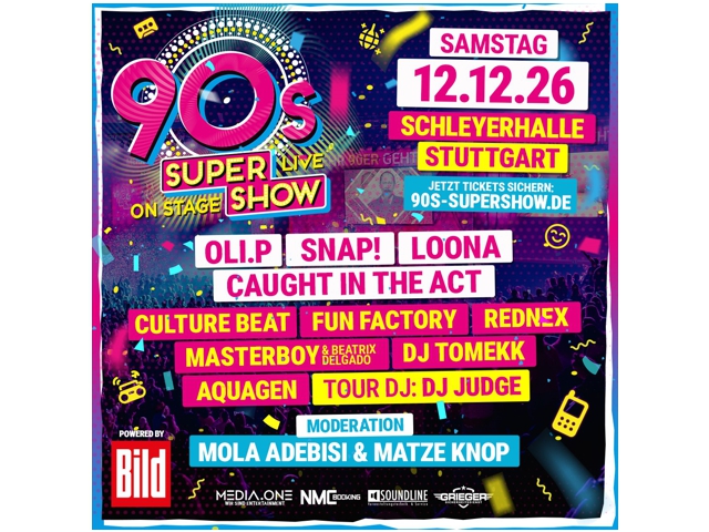 Bunter Plakat für die 90er Super-Show mit verschiedenen Bands und Künstlern am 12. Dezember 2015 in Stuttgart, Deutschland.