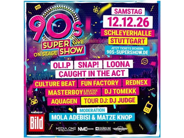 Bunter Plakat für die 90er Super-Show mit verschiedenen Bands und Künstlern am 12. Dezember 2015 in Stuttgart, Deutschland.