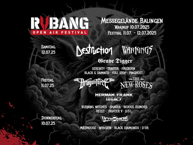 Das Bild scheint ein Werbung oder Plakat für eine Veranstaltung namens "RVBANG 2025 - Freitag Tagesticket" zu sein, auf dem mehrere Bands und ihre entsprechenden Termine aufgeführt sind.