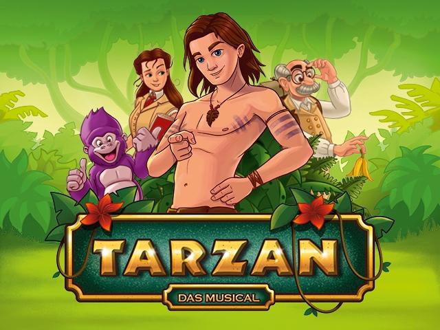 Eine Karikatur-Plakat mit Charakteren aus Tarzan, das eine Dschungelszene darstellt