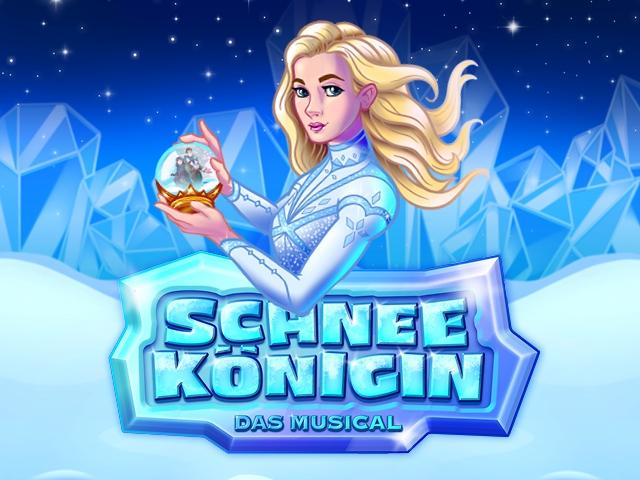 Illustration einer blonden Frau mit blauen Augen, die einen Schneeflocken hält, vor einem Hintergrund aus blauen Eiskristallen und Sternen am Nachthimmel