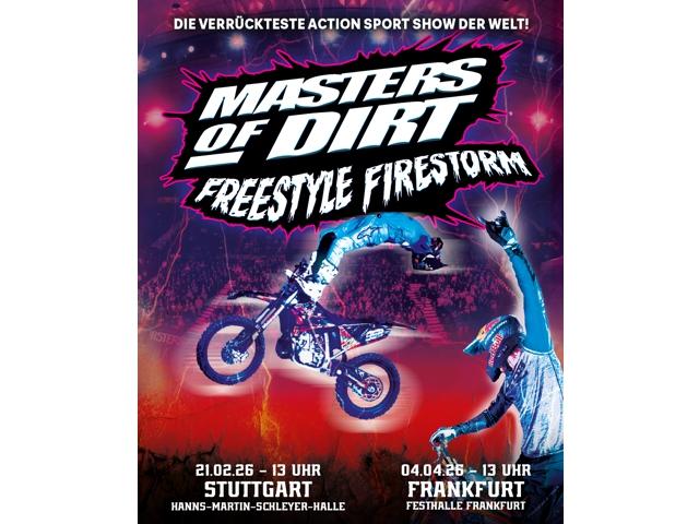 Ein Werbeplakat für das "Meister der Schmutz"-Event mit Dreckbikes und Feuer